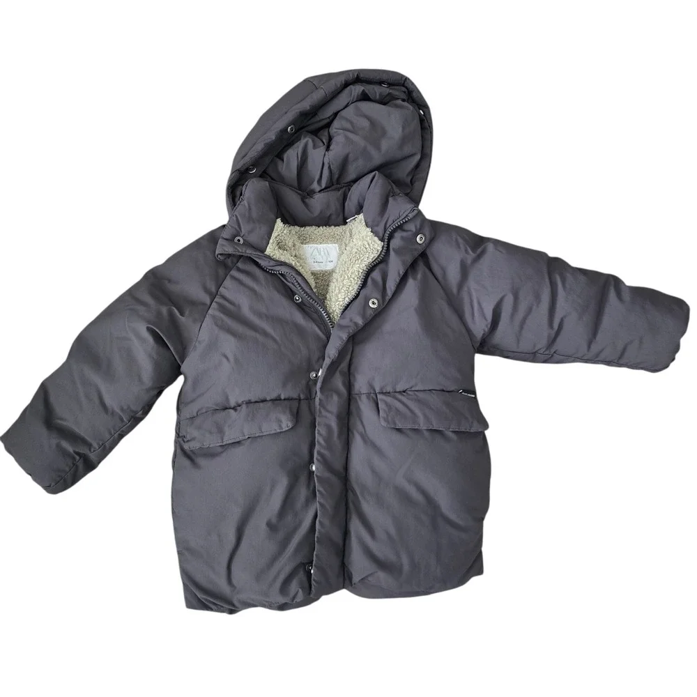 Zara Kids Gray Hooded Puffer Coat Sherpa Lined‎ Size 3-4 Years Unisex